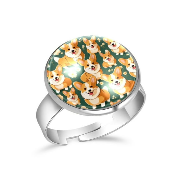 PhooArto Cartoon Dog Corgis Pattern Stainless Steel Rings for Women, Open Adjustable Ring Promise Ring Jewelry Gifts