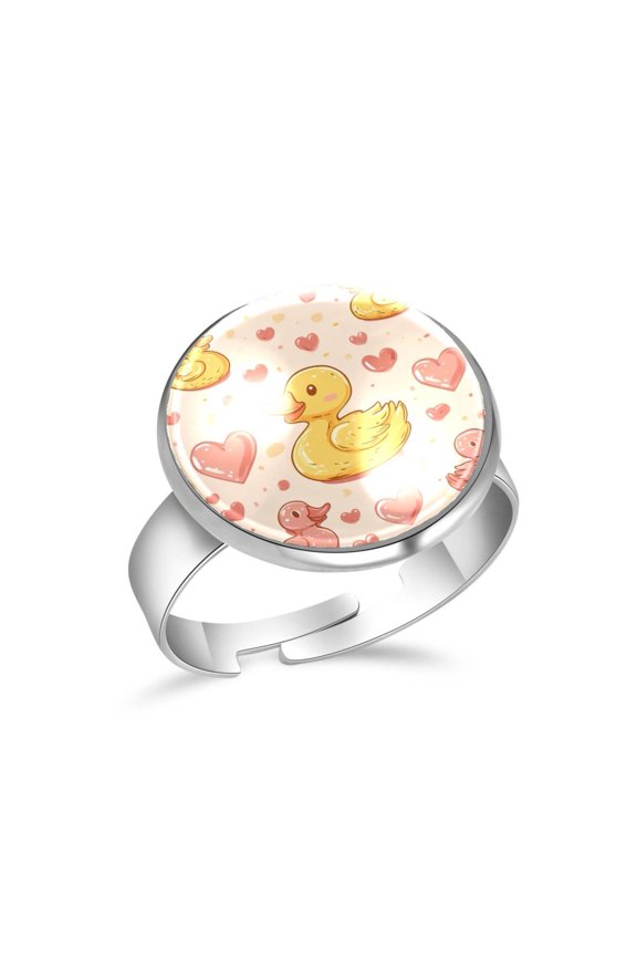Cartoon Duck Love Hearts Pattern Stainless Steel Rings for Women, Open Adjustable Ring Promise Ring Jewelry Gifts