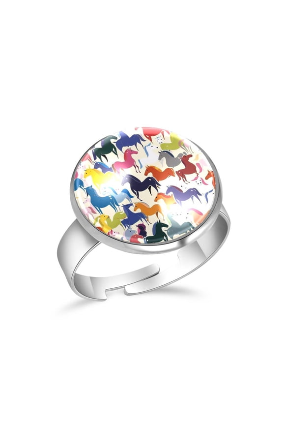 Cartoon Pony Colorful Horses Pattern Stainless Steel Rings for Women, Open Adjustable Ring Promise Ring Jewelry Gifts