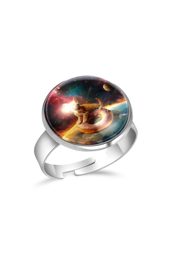 Cat Donuts Galaxy Planets Stainless Steel Rings for Women, Open Adjustable Ring Promise Ring Jewelry Gifts