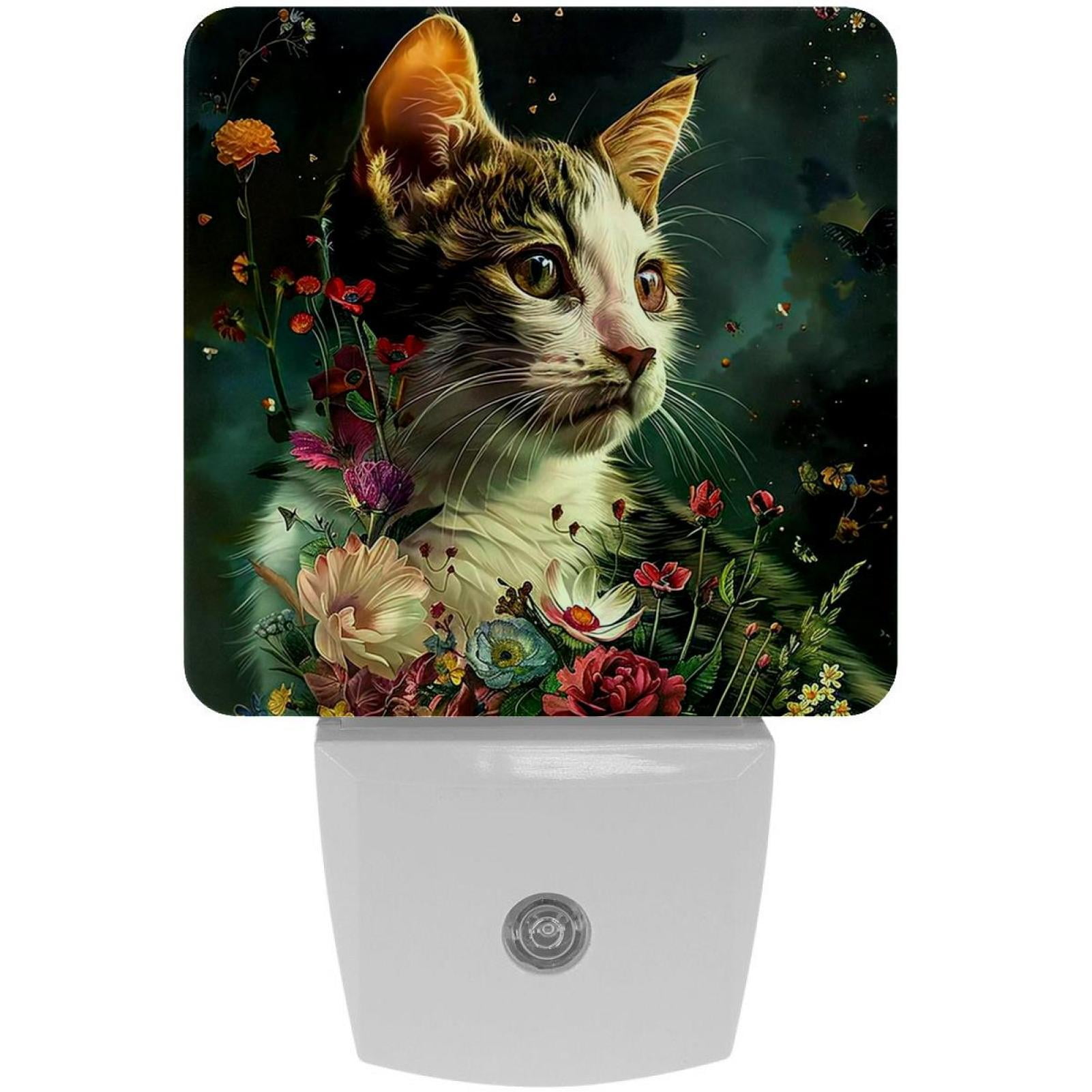 PhooArto Cat Flowers Night Plug in LED Night Light Auto Sensor Dusk to Dawn Decorative Night for Bedroom, Bathroom, Kitchen, Hallway, Stairs, Baby's Room, Energy Saving