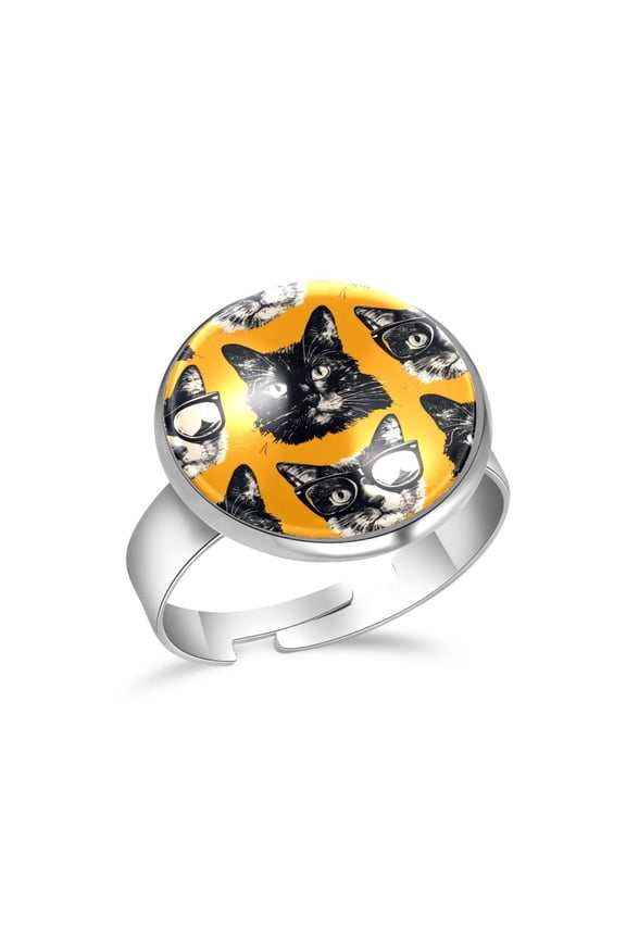 Cat Glasses Pattern Stainless Steel Rings for Women, Open Adjustable Ring Promise Ring Jewelry Gifts