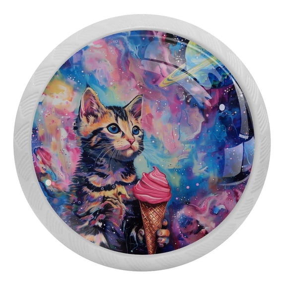PhooArto Cat Ice Cream Galaxy Planets 4 PCS Crystal Glass Cabinet Knobs, Drawer Kitchen Cabinets Dresser Cupboard Wardrobe Pulls Handle - Glowing in the Dark