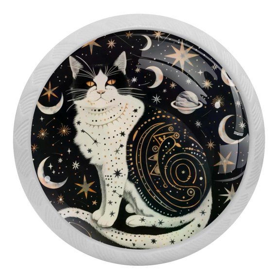PhooArto Cat Planets Stars Pattern 4 PCS Crystal Glass Cabinet Knobs, Drawer Kitchen Cabinets Dresser Cupboard Wardrobe Pulls Handle - Glowing in the Dark