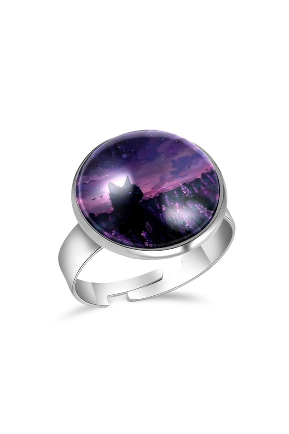 Cat Purple Flower Night Stainless Steel Rings for Women, Open Adjustable Ring Promise Ring Jewelry Gifts