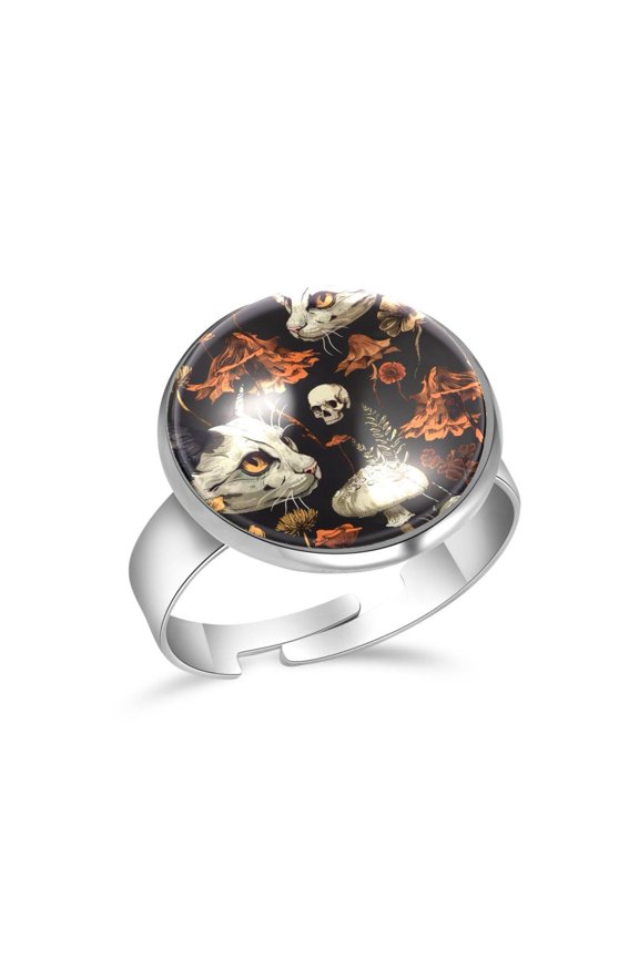 Cat Skull Flowers Mushroom Pattern Stainless Steel Rings for Women, Open Adjustable Ring Promise Ring Jewelry Gifts