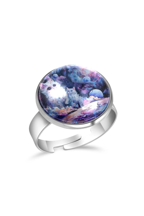 Cat and Ice Cream Galaxy Stainless Steel Rings for Women, Open Adjustable Ring Promise Ring Jewelry Gifts