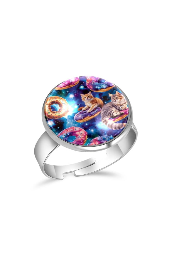 Cats Donuts Blue Galaxy Stainless Steel Rings for Women, Open Adjustable Ring Promise Ring Jewelry Gifts
