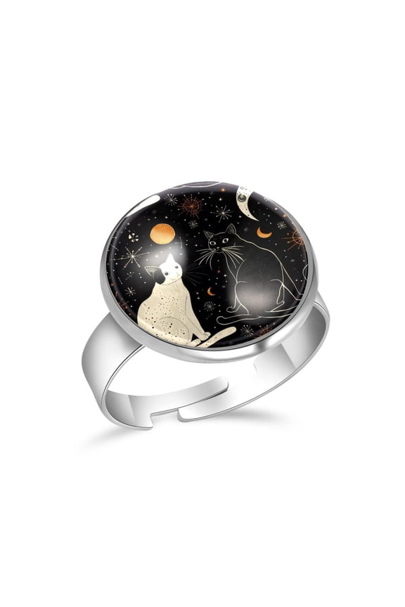 Cats Planets Stars Moon Stainless Steel Rings for Women, Open Adjustable Ring Promise Ring Jewelry Gifts