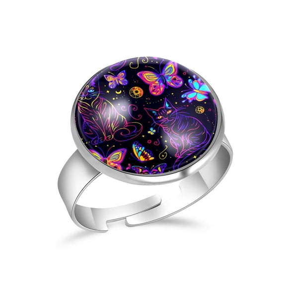 PhooArto Cats and Butterflies Pattern Stainless Steel Rings for Women, Open Adjustable Ring Promise Ring Jewelry Gifts