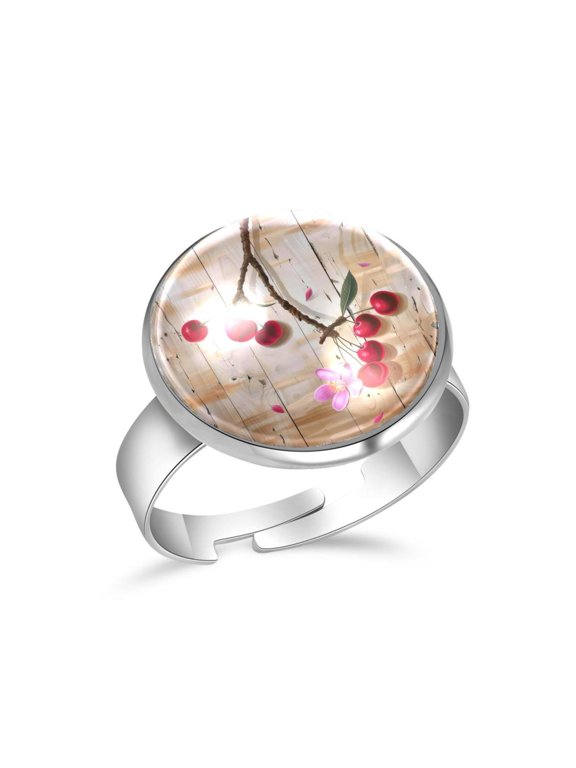 Cherry Flower on Wood Board Stainless Steel Rings for Women, Open Adjustable Ring Promise Ring Jewelry Gifts