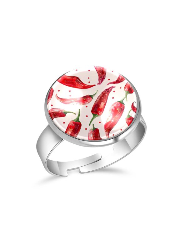 Chili Peppers Pink Pattern Stainless Steel Rings for Women, Open Adjustable Ring Promise Ring Jewelry Gifts