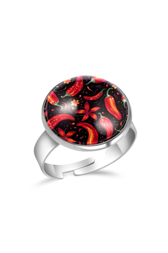 Chili Peppers and Flowers Pattern Stainless Steel Rings for Women, Open Adjustable Ring Promise Ring Jewelry Gifts