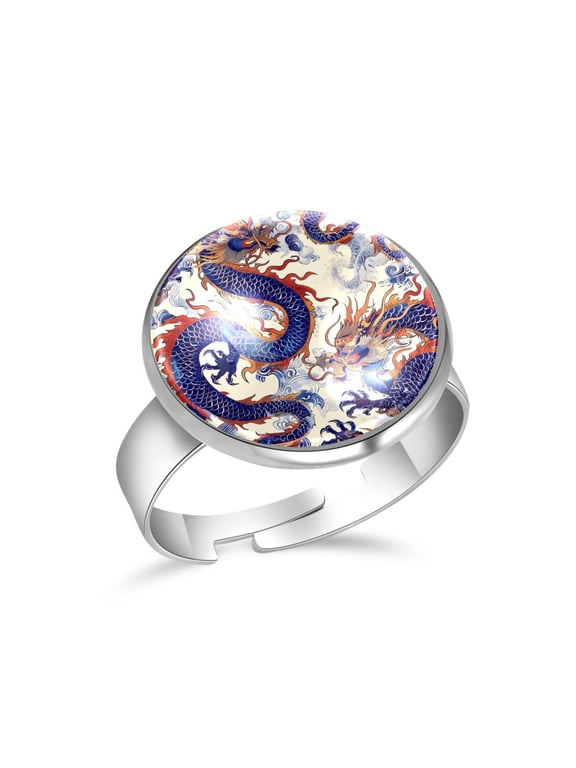 Chinese Dragon Pattern Stainless Steel Rings for Women, Open Adjustable Ring Promise Ring Jewelry Gifts