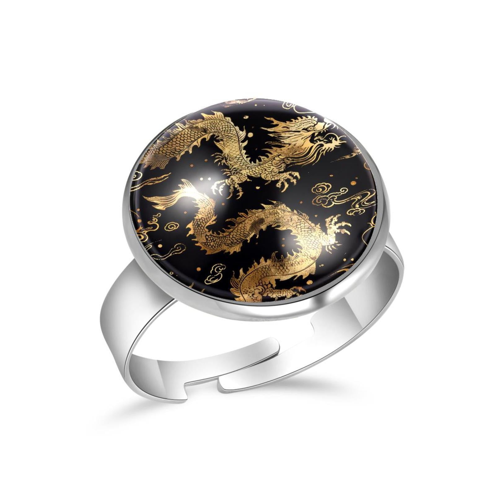 【美品】poda gold ring 17号 水晶 silver925 PhooArto Chinese Golden Dragon Silhouette Stainless Steel Rings