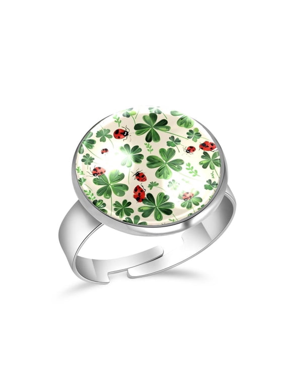 Clover Leaves Ladybug Pattern Stainless Steel Rings for Women, Open Adjustable Ring Promise Ring Jewelry Gifts