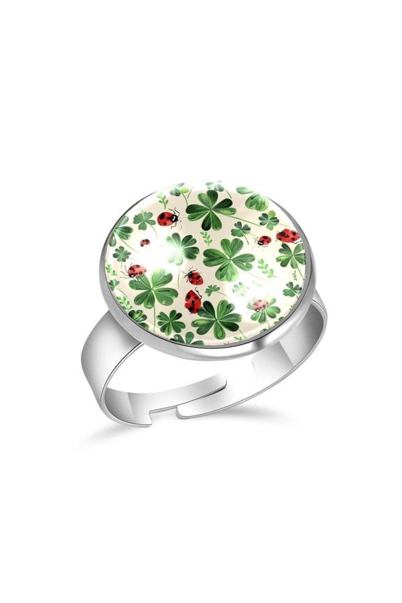 Clover Leaves Ladybug Pattern Stainless Steel Rings for Women, Open Adjustable Ring Promise Ring Jewelry Gifts