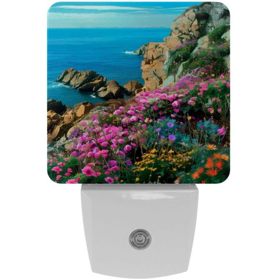PhooArto Coast Rocks Flowers Pattern Plug in LED Night Light Auto Sensor Dusk to Dawn Decorative Night for Bedroom, Bathroom, Kitchen, Hallway, Stairs, Baby's Room, Energy Saving