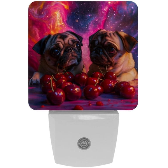 PhooArto Color Galaxy Pug Dog Cherries Plug in LED Night Light Auto Sensor Dusk to Dawn Decorative Night for Bedroom, Bathroom, Kitchen, Hallway, Stairs, Baby's Room, Energy Saving