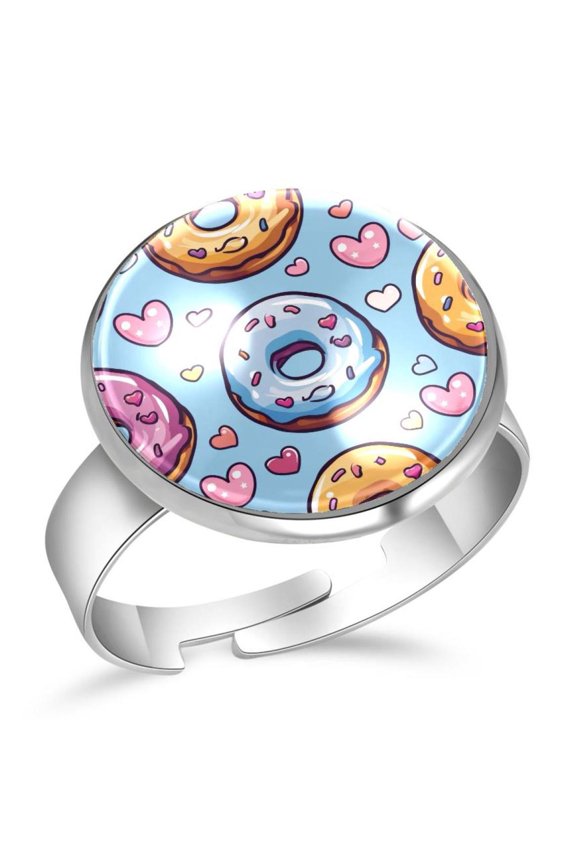 Color Pink Donuts Love Hearts Pattern Stainless Steel Rings for Women, Open Adjustable Ring Promise Ring Jewelry Gifts