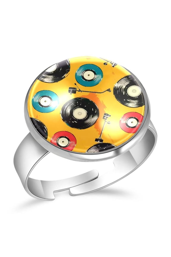 Color Record Player Pattern Stainless Steel Rings for Women, Open Adjustable Ring Promise Ring Jewelry Gifts