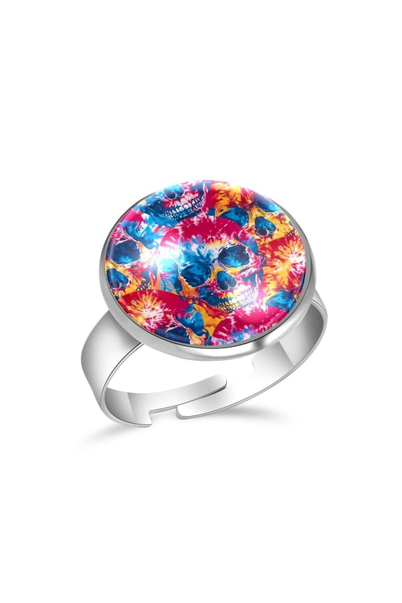 Color Skull Tie Dye Pattern Stainless Steel Rings for Women, Open Adjustable Ring Promise Ring Jewelry Gifts