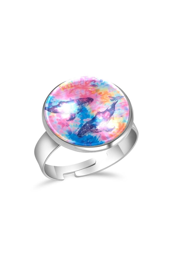 Color Tie Dye Whale Pattern Stainless Steel Rings for Women, Open Adjustable Ring Promise Ring Jewelry Gifts