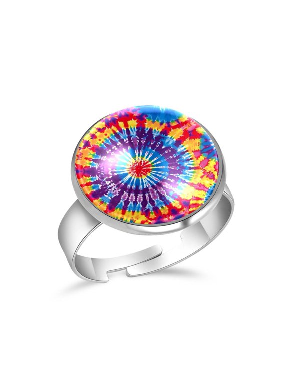 Colord Tie Dye Circles Pattern Stainless Steel Rings for Women, Open Adjustable Ring Promise Ring Jewelry Gifts