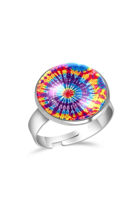 Colord Tie Dye Circles Pattern Stainless Steel Rings for Women, Open Adjustable Ring Promise Ring Jewelry Gifts