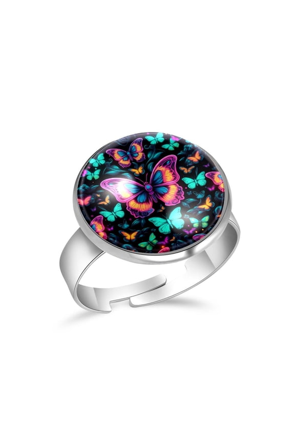 Colorful Butterfly Pattern Stainless Steel Rings for Women, Open Adjustable Ring Promise Ring Jewelry Gifts