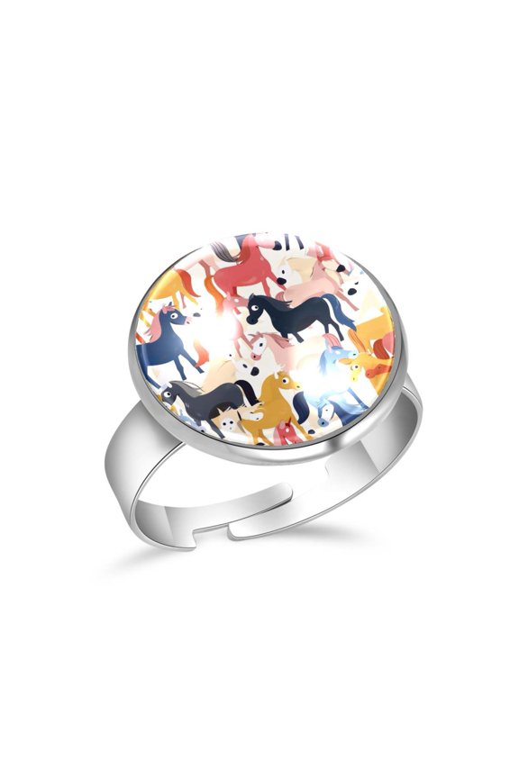 Colorful Cartoon Horses Pattern Stainless Steel Rings for Women, Open Adjustable Ring Promise Ring Jewelry Gifts
