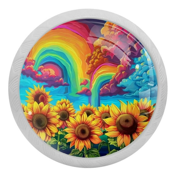 PhooArto Colorful Cloud Sunflowers Rainbow 4 PCS Crystal Glass Cabinet Knobs, Drawer Kitchen Cabinets Dresser Cupboard Wardrobe Pulls Handle - Glowing in the Dark