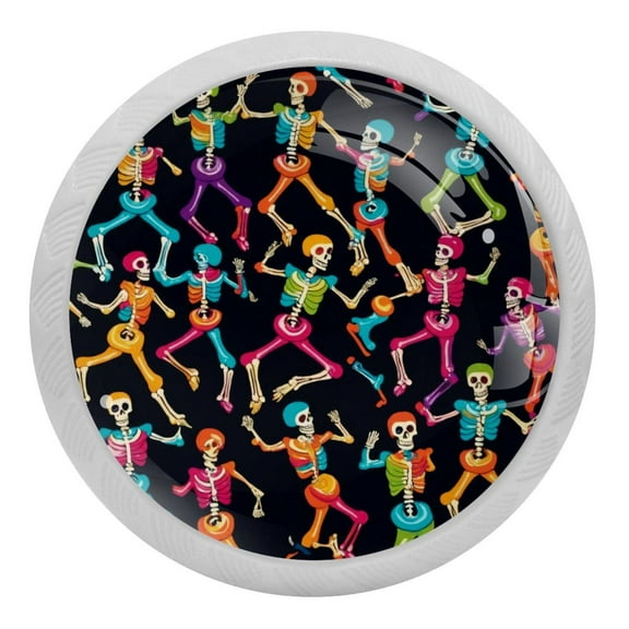 PhooArto Colorful Dancing Skull Pattern 4 PCS Crystal Glass Cabinet Knobs, Drawer Kitchen Cabinets Dresser Cupboard Wardrobe Pulls Handle - Glowing in the Dark