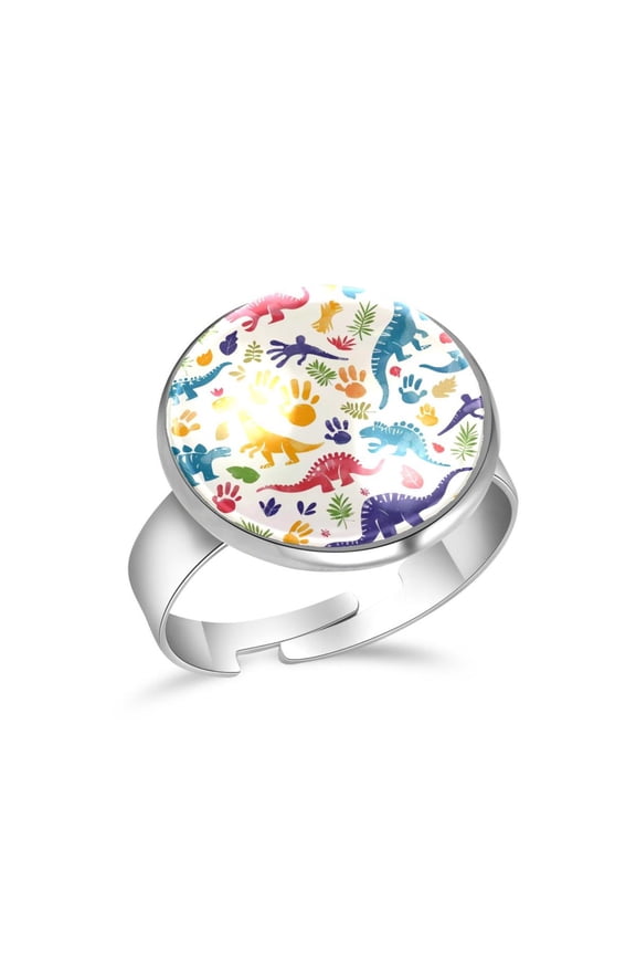 Colorful Dinosaur and Footprint Pattern Stainless Steel Rings for Women, Open Adjustable Ring Promise Ring Jewelry Gifts