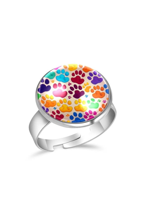 Colorful Dog Footprint Pattern Stainless Steel Rings for Women, Open Adjustable Ring Promise Ring Jewelry Gifts