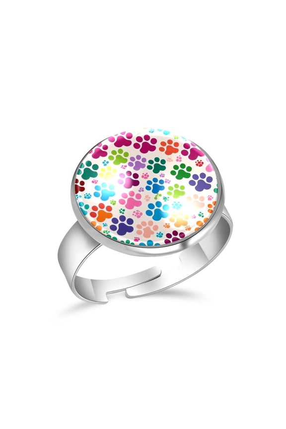 Colorful Dog Paw Footprint Pattern Stainless Steel Rings for Women, Open Adjustable Ring Promise Ring Jewelry Gifts