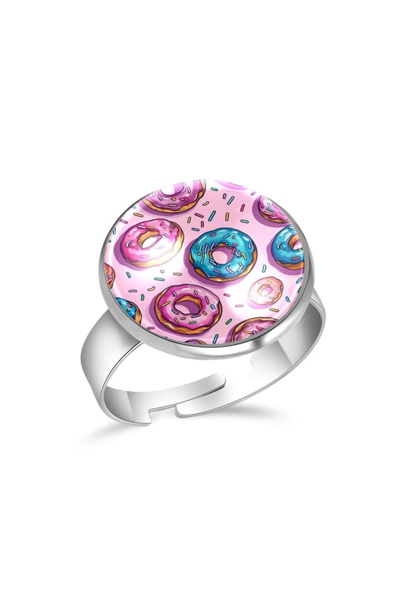 Colorful Donuts Pattern Stainless Steel Rings for Women, Open Adjustable Ring Promise Ring Jewelry Gifts