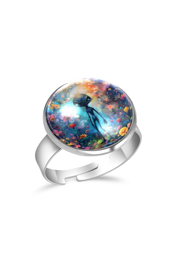 Colorful Floral Alien Galaxy Stainless Steel Rings for Women, Open Adjustable Ring Promise Ring Jewelry Gifts