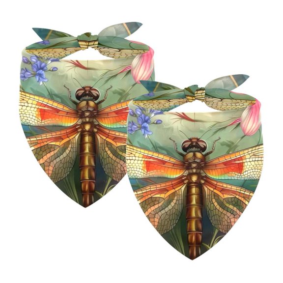 PhooArto Colorful Flowers and Dragonfly Dog Bandanas, 2 Pack Soft Washable Pet Scarf Triangle for Large Dogs Puppies and Cats