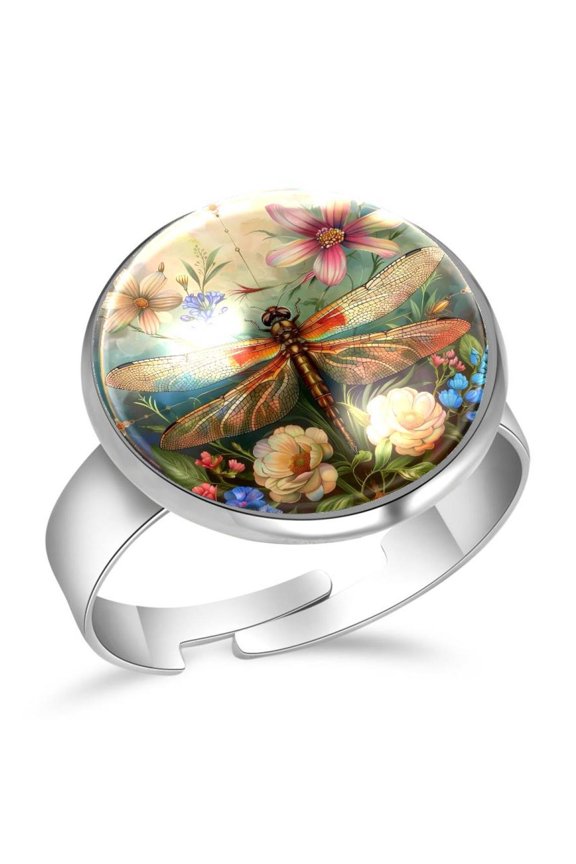 Colorful Flowers and Dragonfly Stainless Steel Rings for Women, Open Adjustable Ring Promise Ring Jewelry Gifts