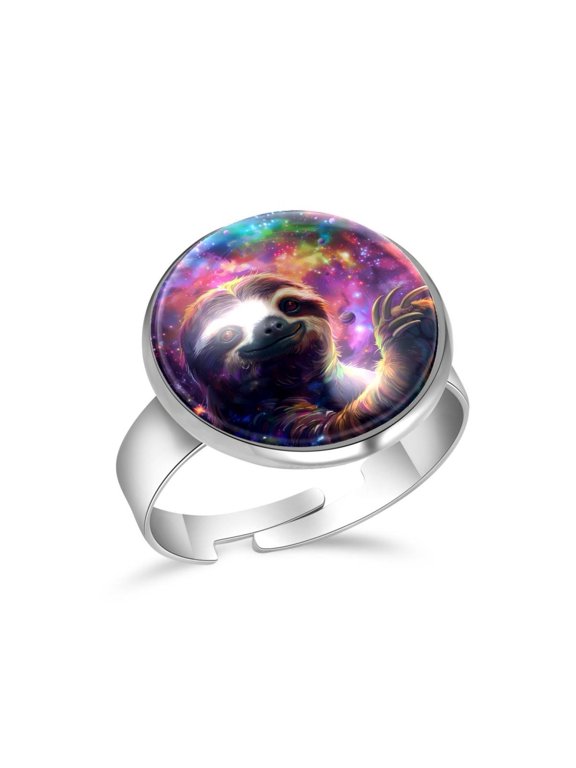 Colorful Galaxy Sloth Stainless Steel Rings for Women, Open Adjustable Ring Promise Ring Jewelry Gifts
