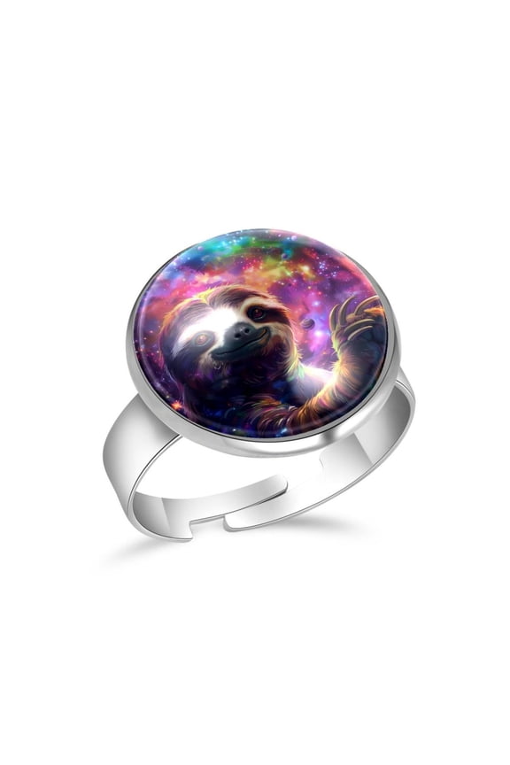 Colorful Galaxy Sloth Stainless Steel Rings for Women, Open Adjustable Ring Promise Ring Jewelry Gifts