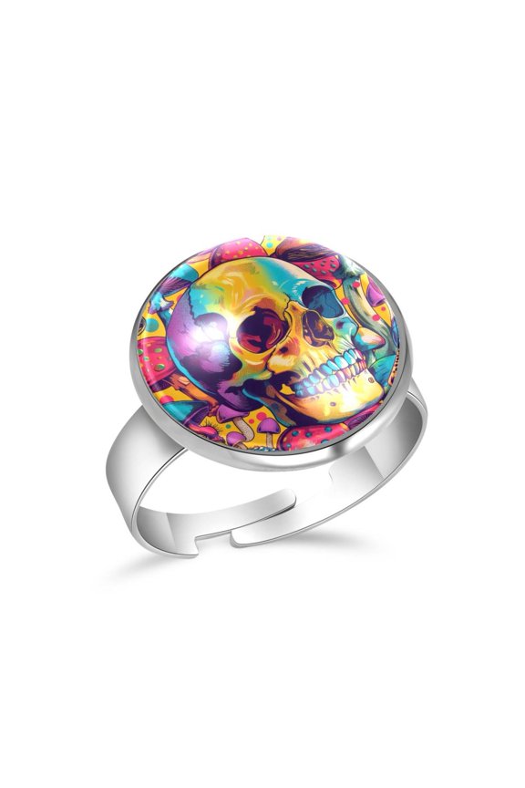 Colorful Mushrooms Skull Stainless Steel Rings for Women, Open Adjustable Ring Promise Ring Jewelry Gifts