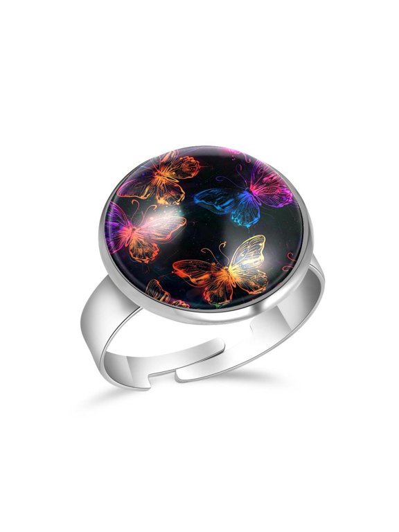 Colorful Neon Butterfly Pattern Stainless Steel Rings for Women, Open Adjustable Ring Promise Ring Jewelry Gifts