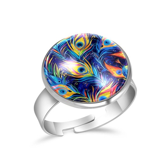 PhooArto Colorful Peacock Feather Pattern Stainless Steel Rings for Women, Open Adjustable Ring Promise Ring Jewelry Gifts
