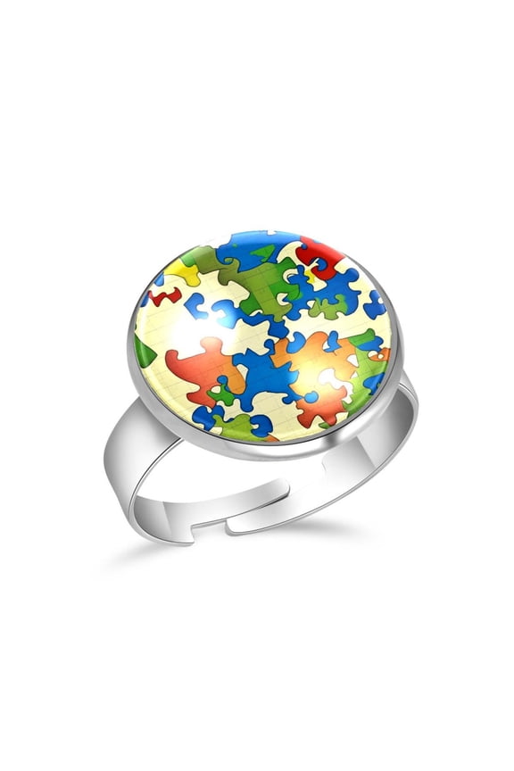 Colorful Puzzle Pattern Stainless Steel Rings for Women, Open Adjustable Ring Promise Ring Jewelry Gifts