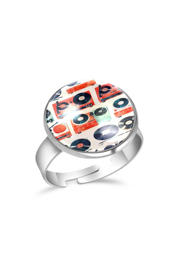 Colorful Record Player Pattern Stainless Steel Rings for Women, Open Adjustable Ring Promise Ring Jewelry Gifts