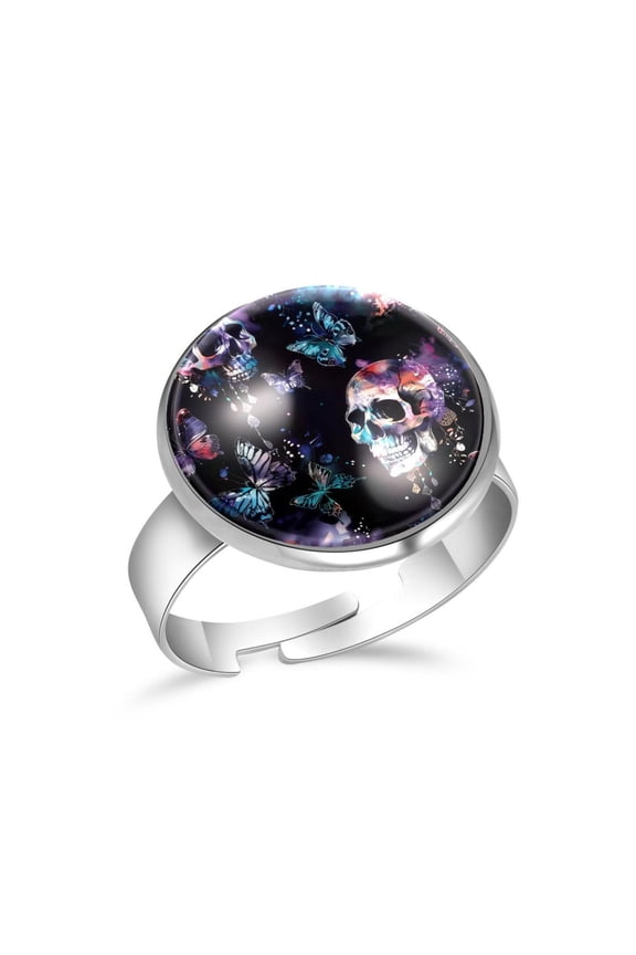 Colorful Skull Butterfly Pattern Stainless Steel Rings for Women, Open Adjustable Ring Promise Ring Jewelry Gifts