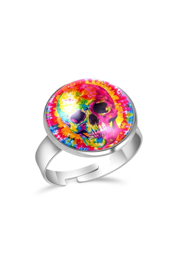 Colorful Tie Dye Skull Pattern Stainless Steel Rings for Women, Open Adjustable Ring Promise Ring Jewelry Gifts