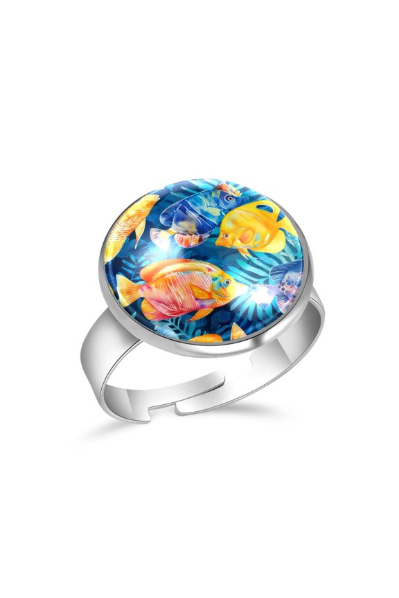 Colorful Tropical Fish Pattern Stainless Steel Rings for Women, Open Adjustable Ring Promise Ring Jewelry Gifts